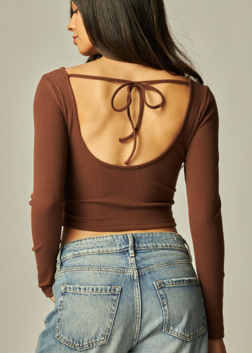 Soft Ribbed Open Tie Back Long Sleeve Top