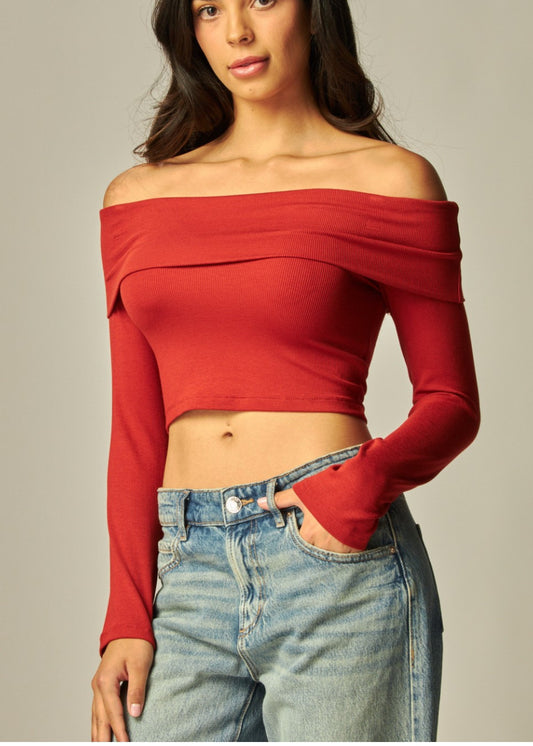 Ribbed Knit Off Shoulder Long Sleeve Top