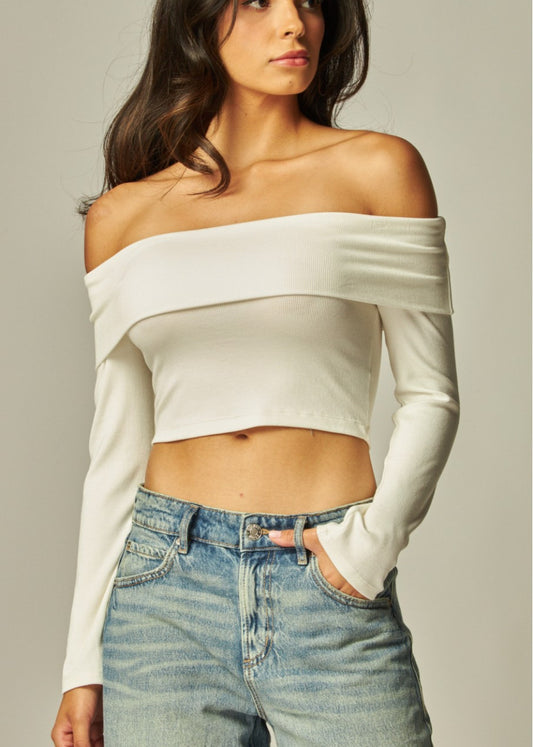 Name Ribbed Knit Off Shoulder Long Sleeve Top | Blanca