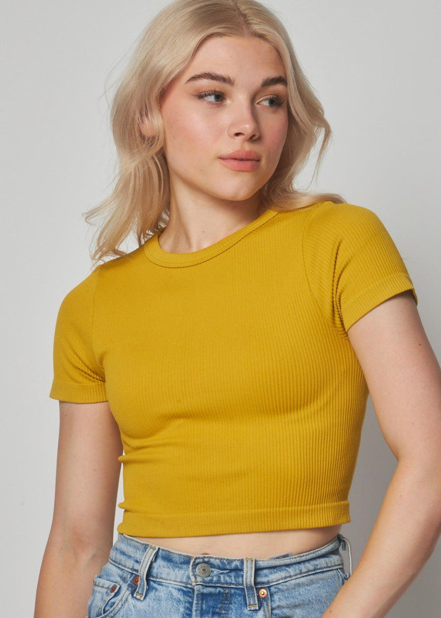 Stretchy Ribbed Seamless Crew Neck Crop Top | Lemon Ginger