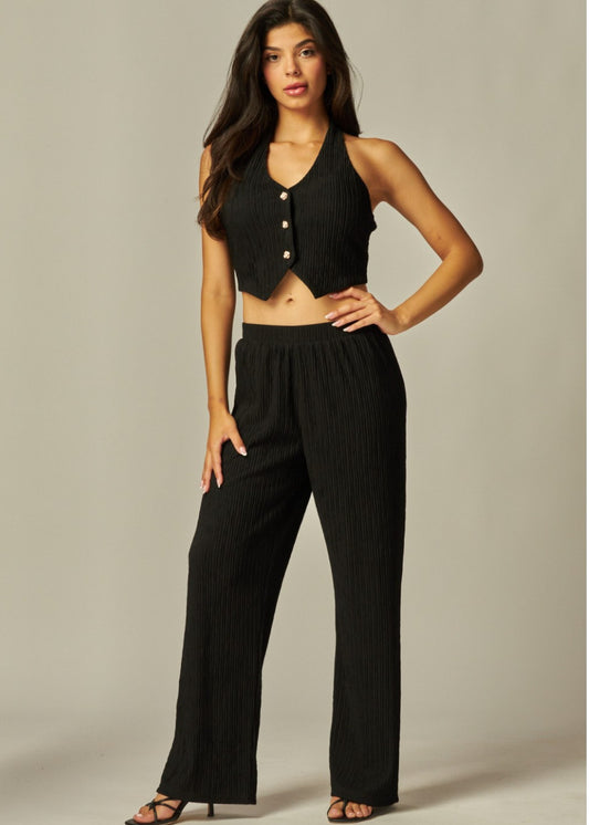 Crinkled Plisse Vest 2pc Pants Set