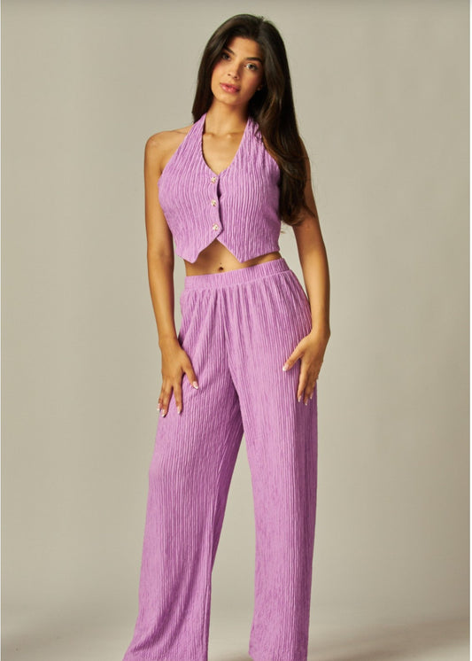 Crinkled Plisse Vest 2pc Pants Set | Lady Lilac