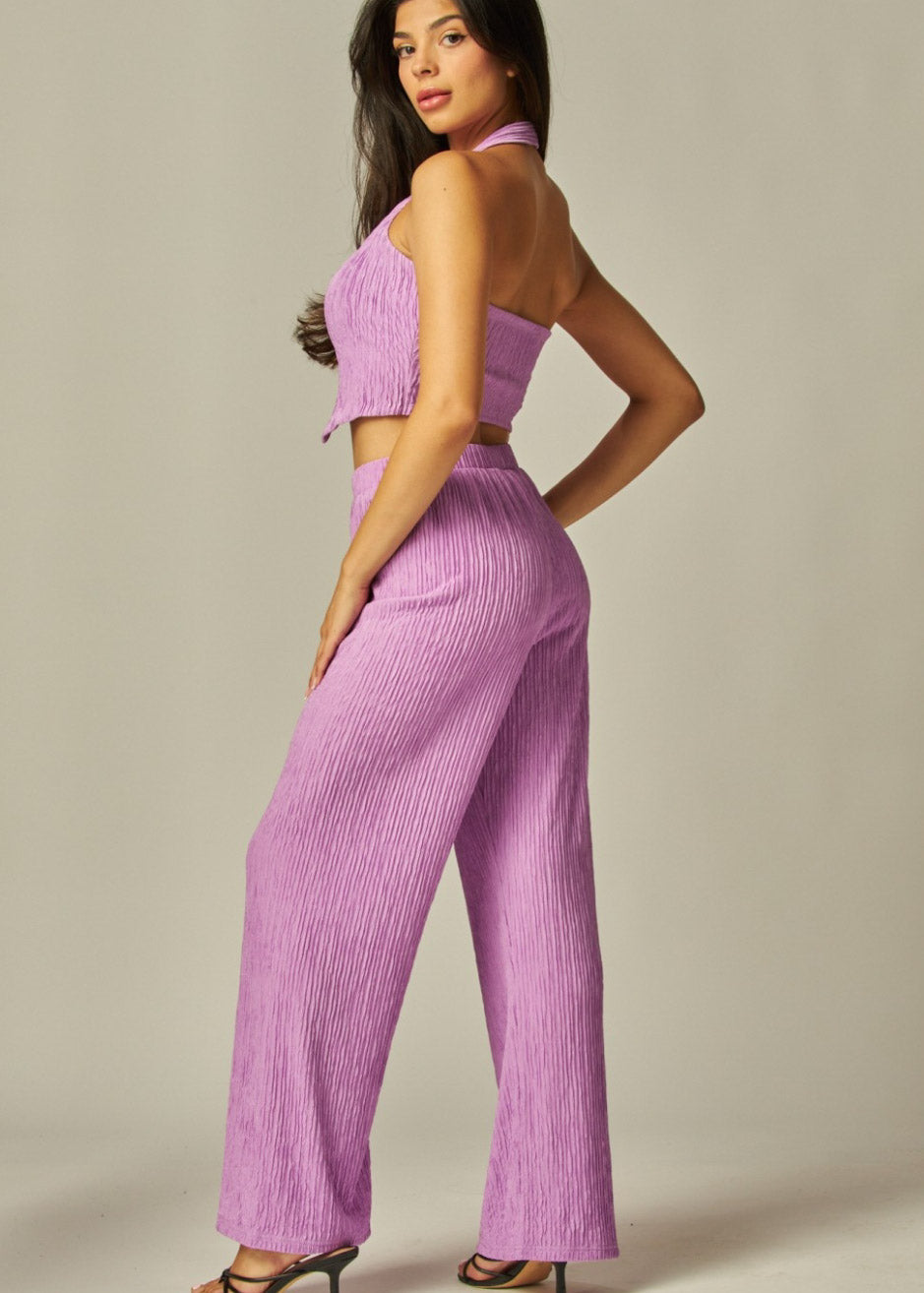 Crinkled Plisse Vest 2pc Pants Set | Lady Lilac