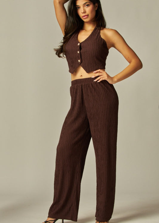 Crinkled Plisse Vest 2pc Pants Set | Expresso