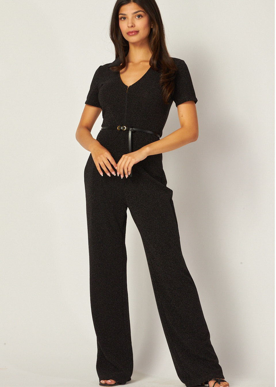 Metallic Simmer Zip-up Collar Belt Flaire Jumpsuit | Color NEGRO