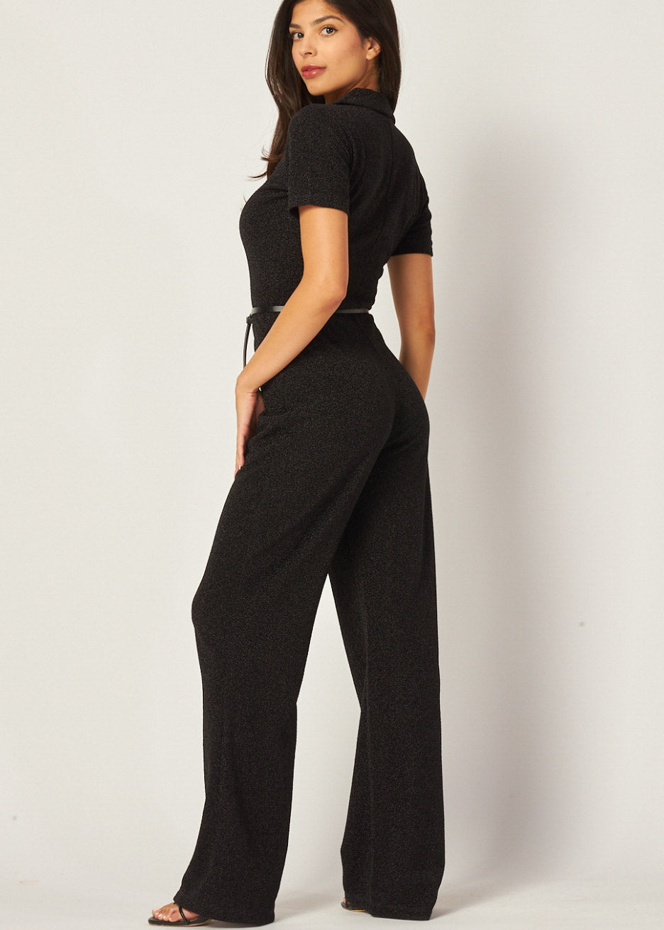 Metallic Simmer Zip-up Collar Belt Flaire Jumpsuit | Color NEGRO