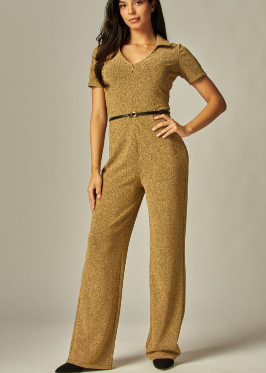 Metallic Simmer Zip-up Collar Belt Flaire Jumpsuit | Color ORO