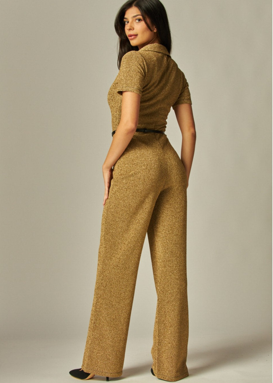 Metallic Simmer Zip-up Collar Belt Flaire Jumpsuit | Color ORO