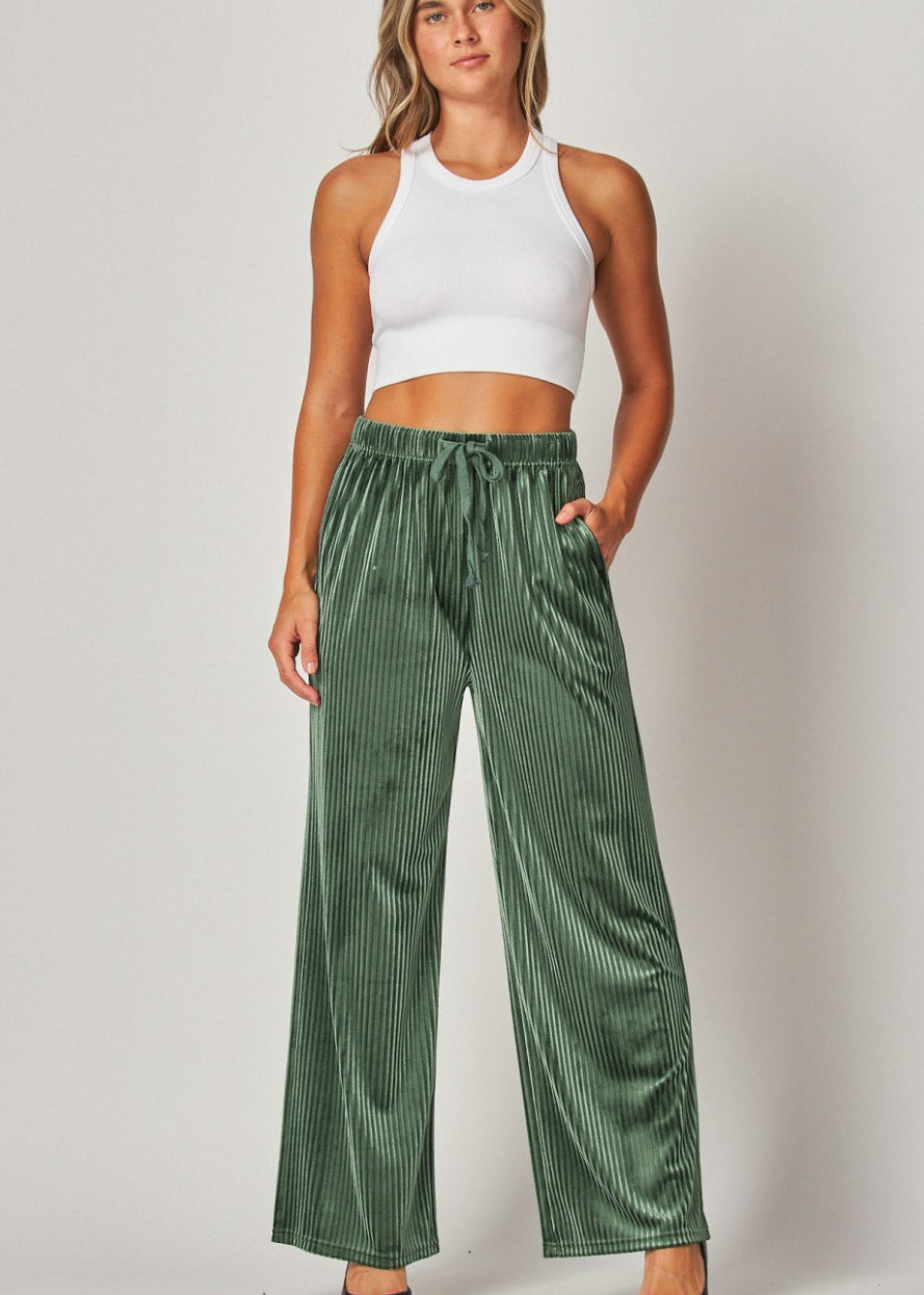 Ribbed Velvet High-waist Wide-leg Pants| HUNTER GREEN