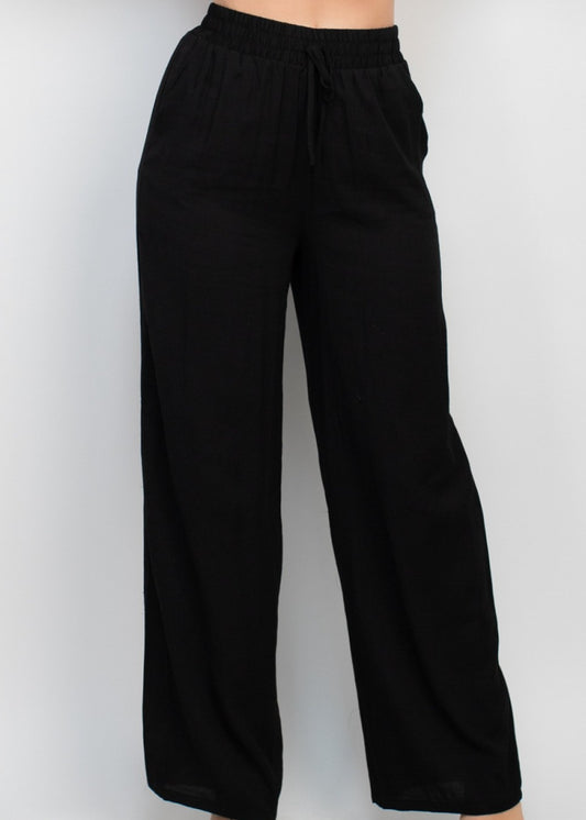 Elastic Side Pocket Linen Pants Negro