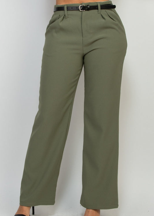 High-Rise Belted Solid Wide Pants