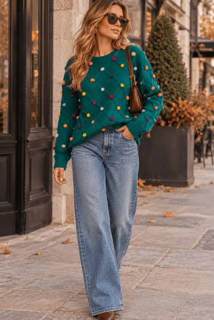 Women's long sleeve pullover pom pom detailed sweater