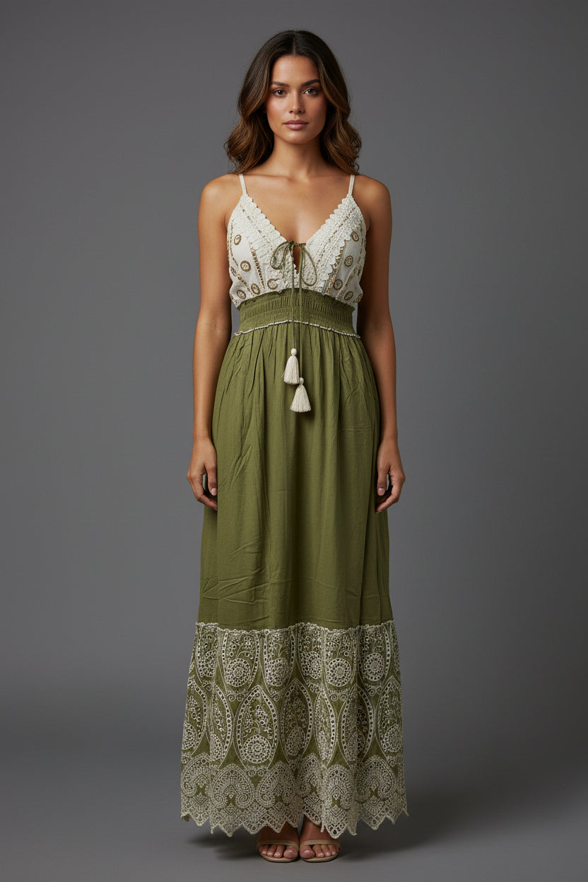 Traje verde bohemio largo