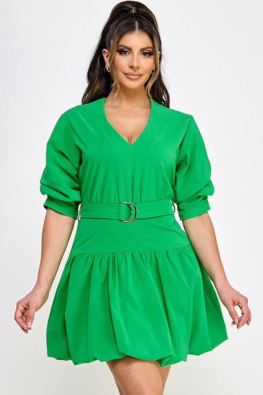 TUCKED SSLV BUBBLE HEM MINI DRESS W/ BELT