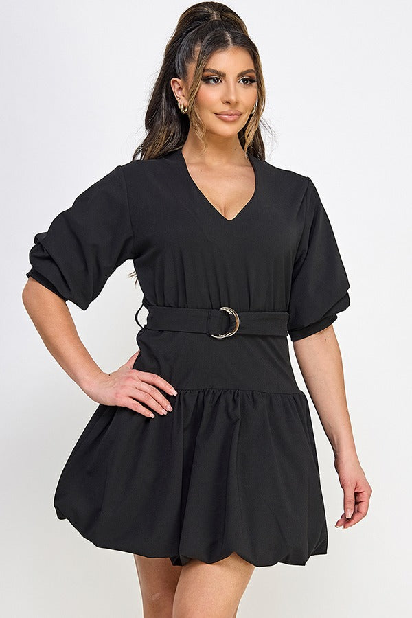 TUCKED SSLV BUBBLE HEM MINI DRESS W/ BELT