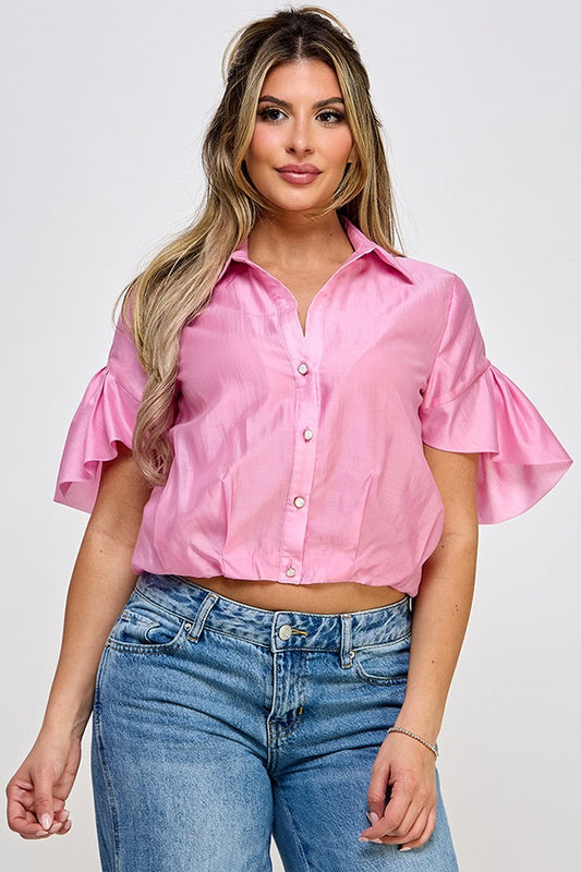 TULIP HEM BUBBLE SLV FLOWER BUTTON DOWN TOP