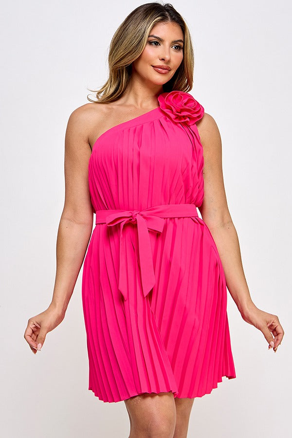 PLEATED ONE SHOULDER TOP W/ SELF FLOWER MOTIF