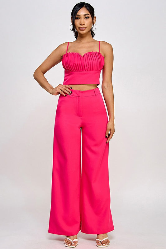 PLEATED BUST TUBE TOP AND WIDE LEG PANTS SET