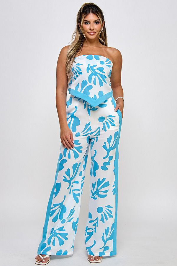 PRINTED HANDKERCHIEF HEM TUBE TOP W/PANTS SET