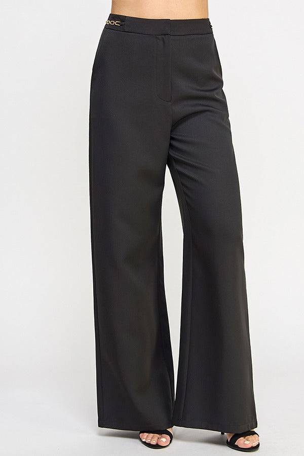 CHAIN WAIST TRIM DETAIL WIDE LEG PANTS