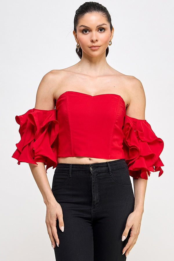 RUFFLE SLV OFF SHOULDER TOP