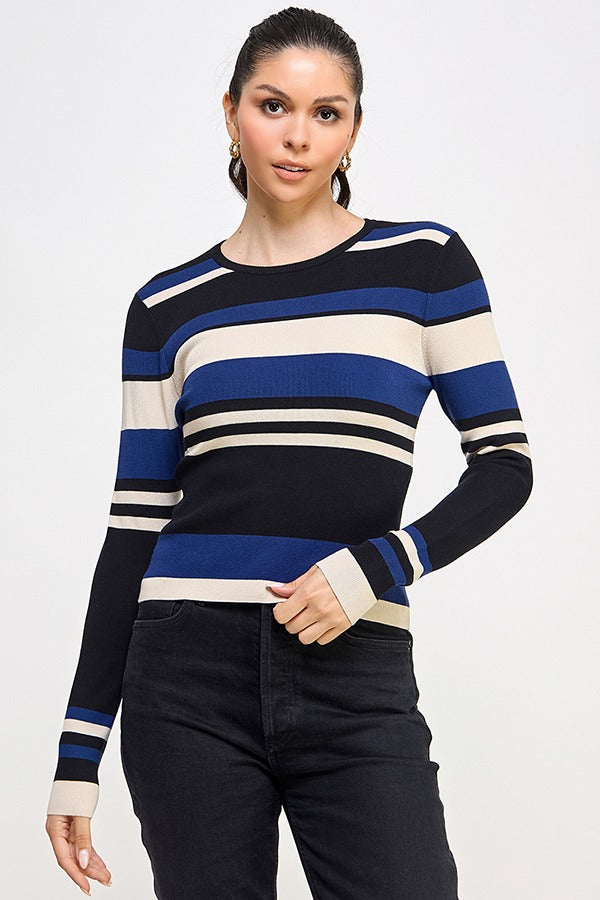 STRIPE ROUND NECK SWEATER LSLV TOP