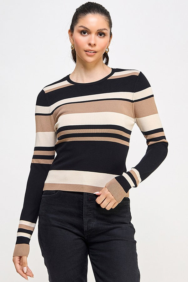 STRIPE ROUND NECK SWEATER LSLV TOP