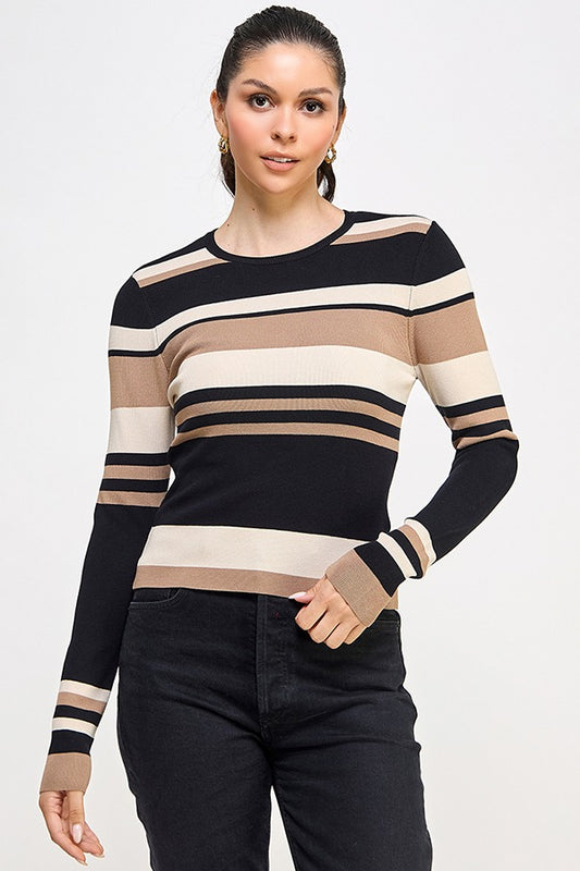 STRIPE ROUND NECK SWEATER LSLV TOP