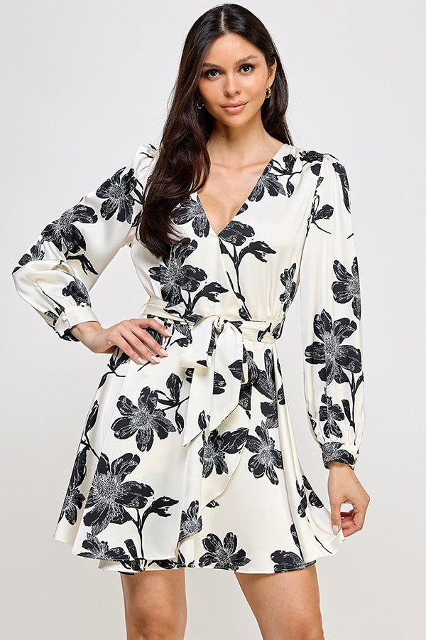 PRINTED LSLV MINI DRESS W/BELT