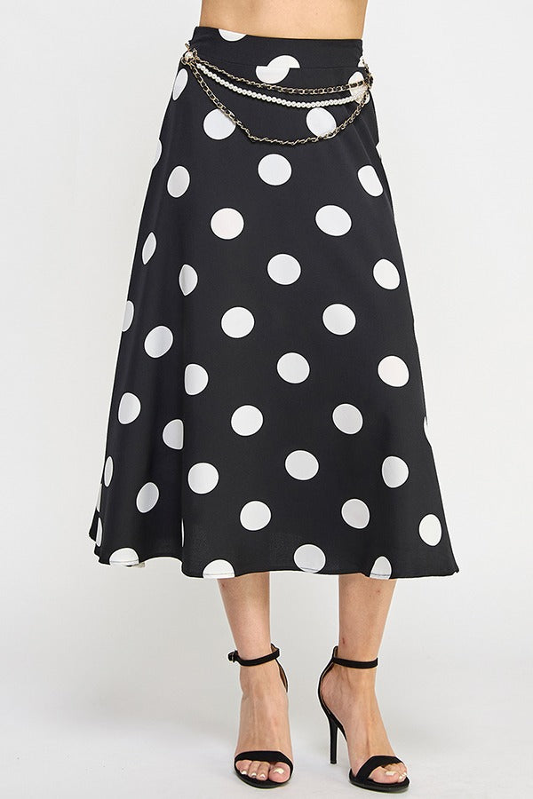 POLKA DOT PRINT PLEATED MIDI SKIRT W/BELT