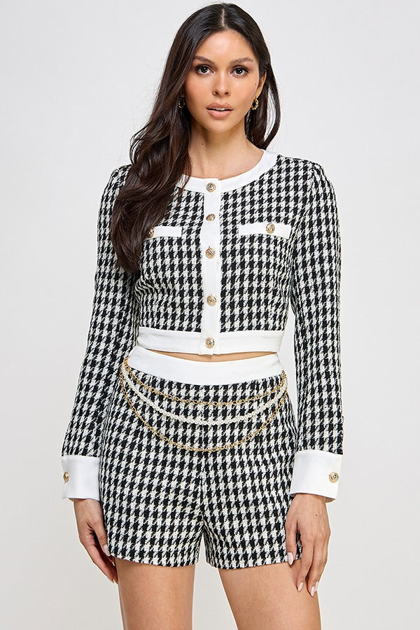 TWEED LSLV JACKET W/CHAIN BELT SHORT SET