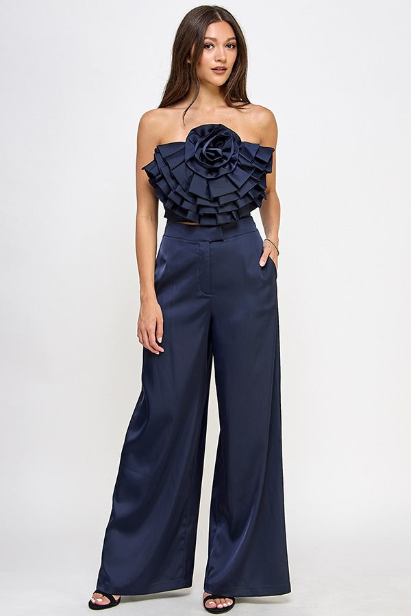 FLORAL CORSAGE TOP AND WIDE LEG PANTS SET