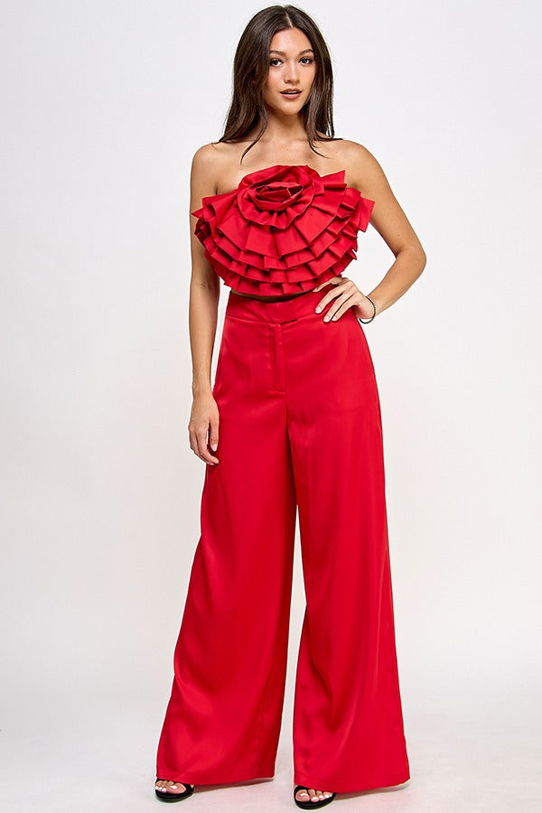 FLORAL CORSAGE TOP AND WIDE LEG PANTS SET