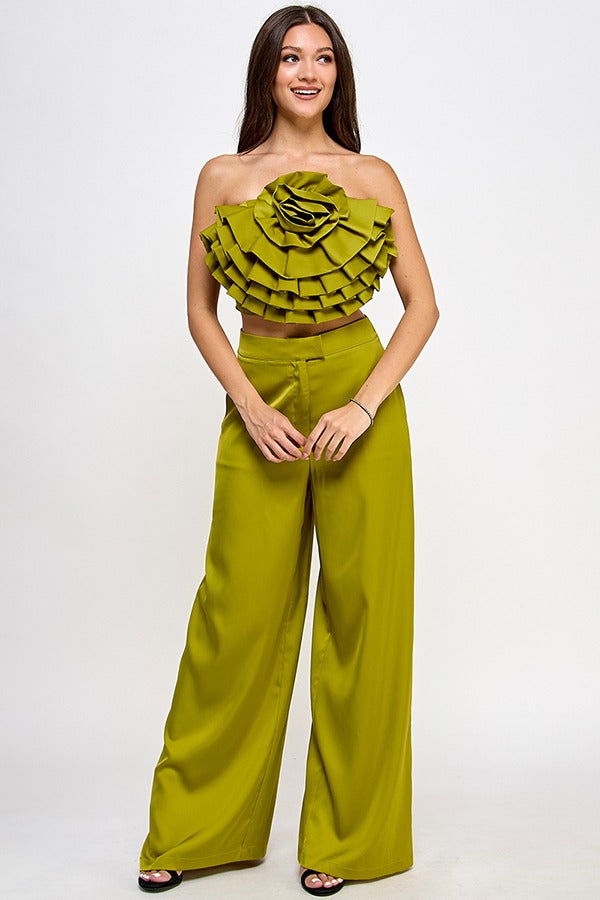 FLORAL CORSAGE TOP AND WIDE LEG PANTS SET