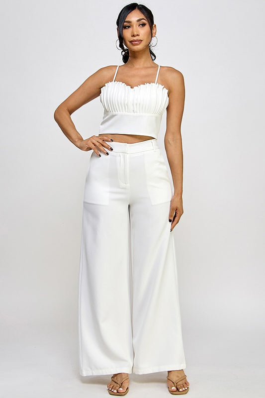 PLEATED BUST TUBE TOP AND WIDE LEG PANTS SET