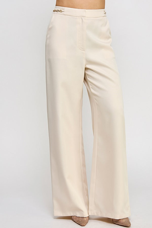 CHAIN WAIST TRIM DETAIL WIDE LEG PANTS