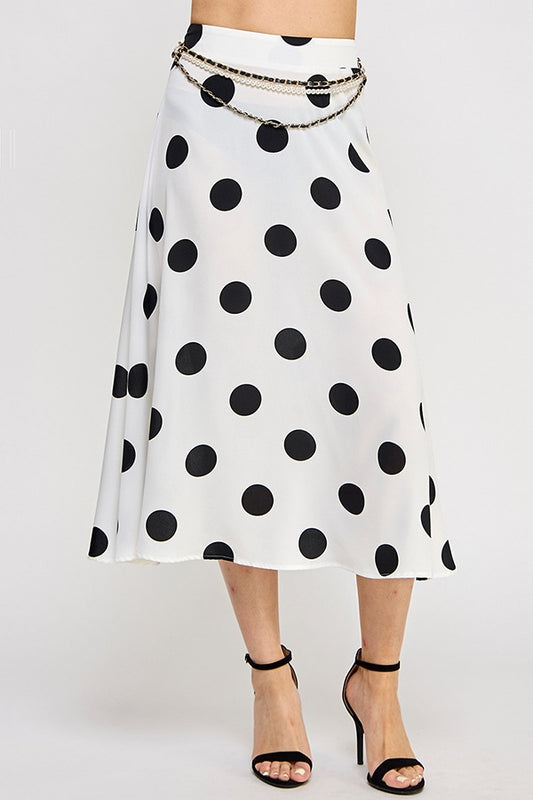 POLKA DOT PRINT PLEATED MIDI SKIRT W/BELT