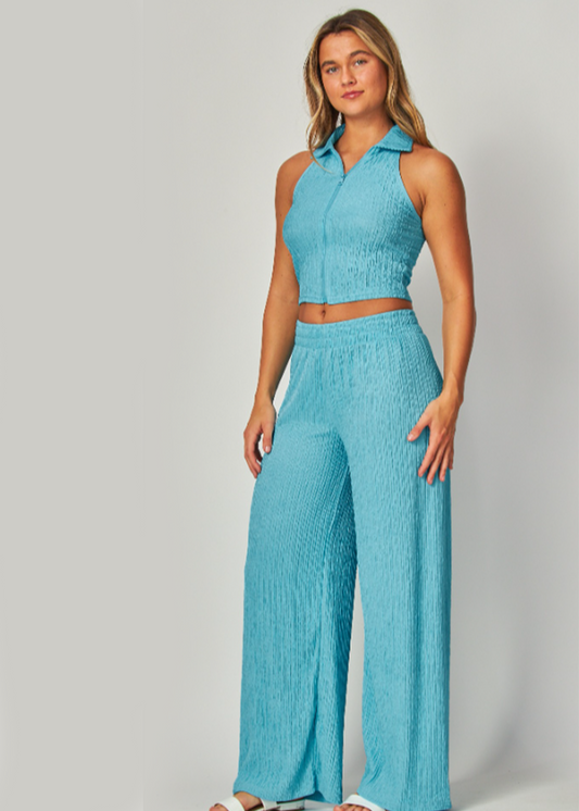 2 Pc Set | Zipper Crop Top | Elastic waistband pull on wide leg pants