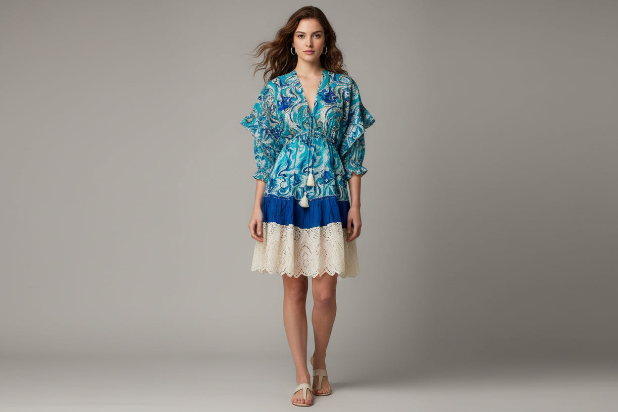 Traje azul, corto Bohemio para damas ñ, disponible en Puerto Rico