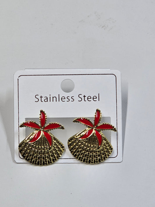 Aretes en concha dorado | Hoja color Roja