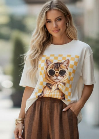 Sunglass Cat Print Oversize T Shirts