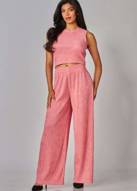 Elastic waistband pull on wide leg pants | Color Strawberry Shake