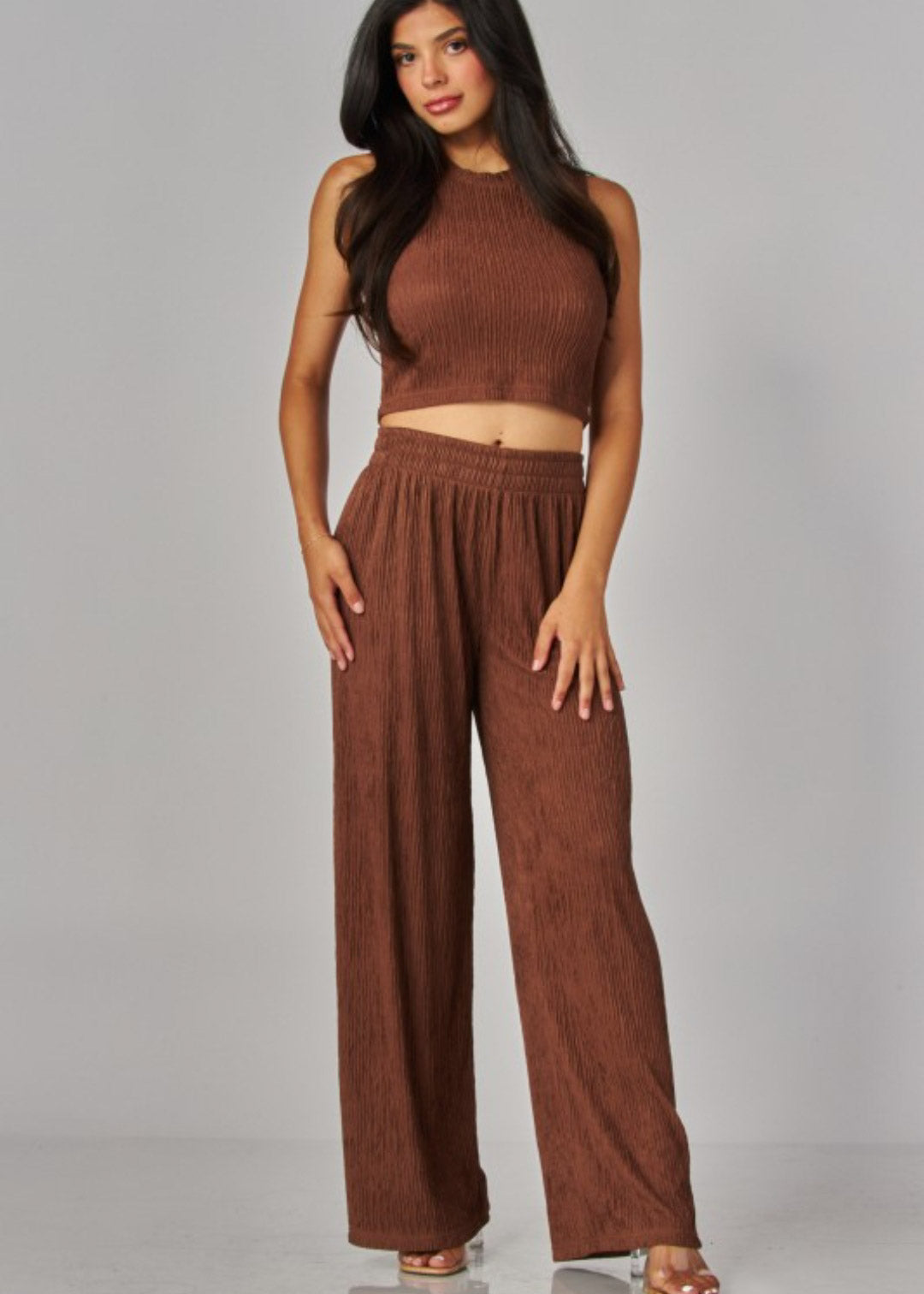 Elastic waistband pull on wide leg pants | Color Chess nut Brown