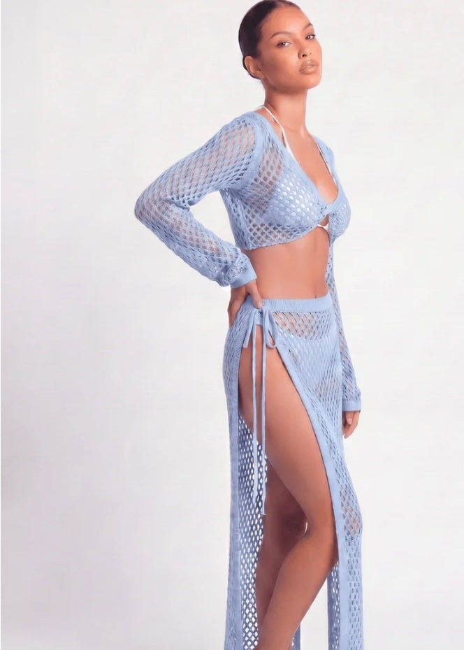 COLOR AZUL | WOMEN'S LONG SLEEVE TOP
& SELF TIE SKIRT CROCHET
COVER UP 2PC. SET