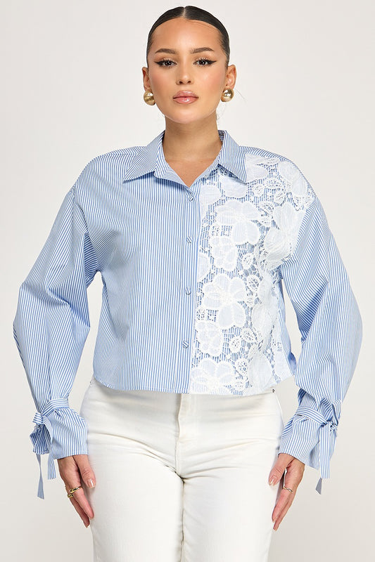 LSLV CROCHET CONTRAST TRIM DETAIL BUTTON DOWN SHIRT