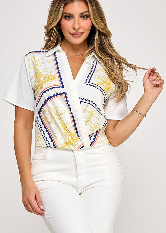 SSLV SURPLICE TOP W/ PIECE PRINT