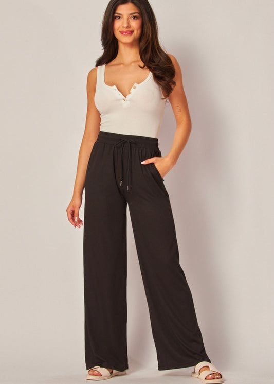 Color Tan | Stretchy Ribbed Drawstring Pocket Wide Leg Pants