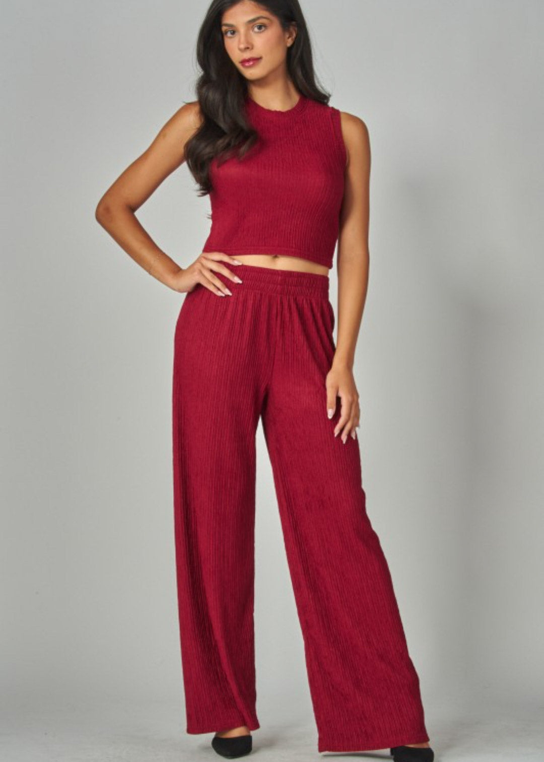 Elastic waistband pull on wide leg pants | Color Red Lipstick