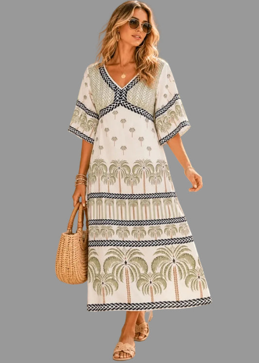 WOMEN'S SHORTSLEEVE V-NECKELASTIC WAISTMULTI PRINT MIDIDRESS