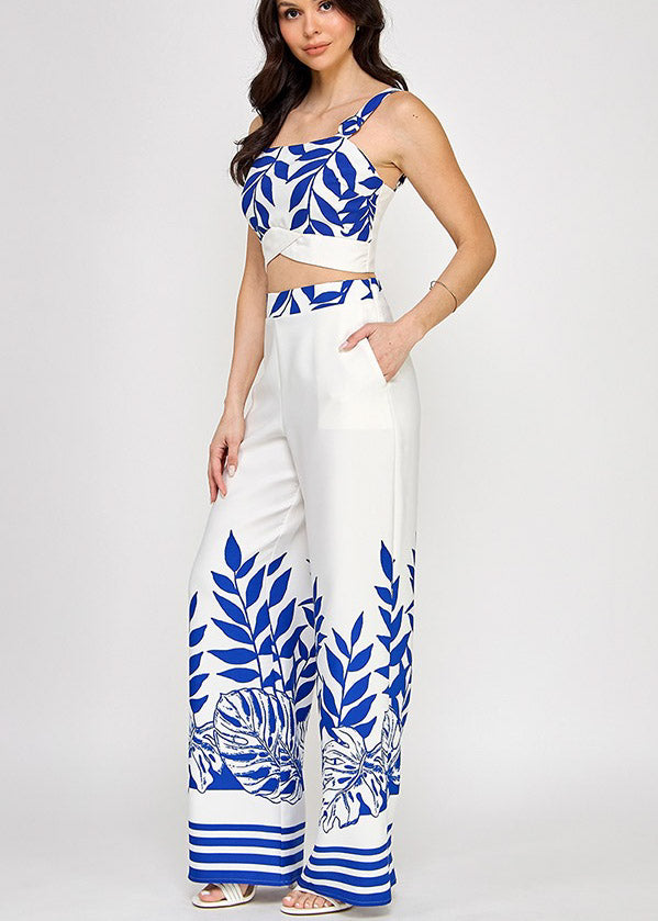 O-RING STRAP DETAIL CROP TOP W/PANTS SET | BLUE